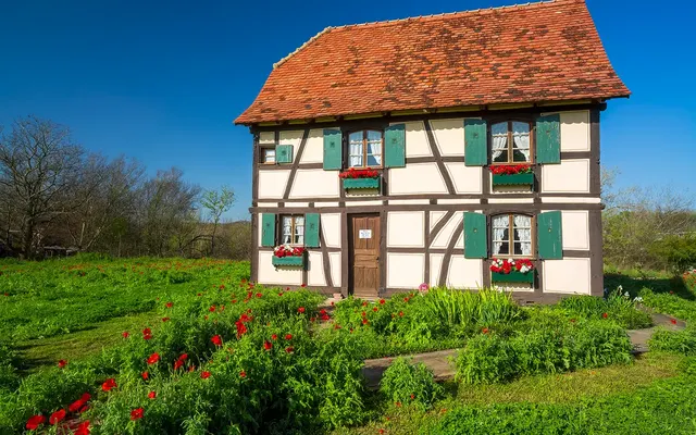 Half-timbered house with green shutters and gardens in Castroville, Texas