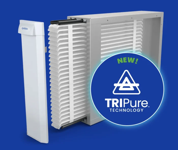 AprilAire filtration cabinet and filter with TRIPure Technology badge
