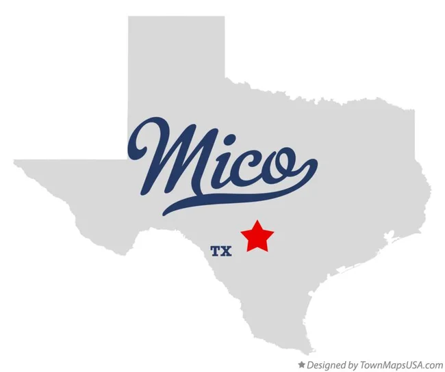 Mico, Texas map graphic with a red location star, designed by TownMapsUSA.com